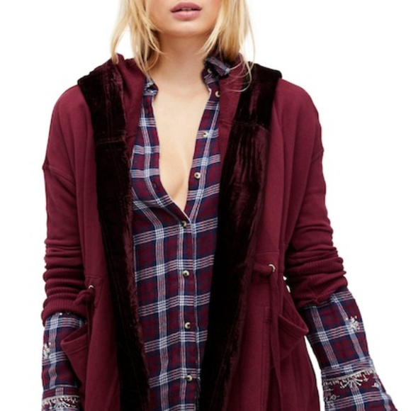 NWT Free People Wine Velvet Trim Hooded Jacket - Picture 6 of 7
